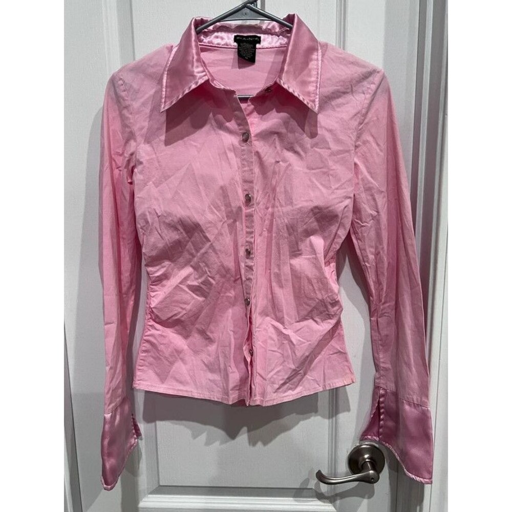 RANG Women’s Pink Button Front Blouse Satin Trim French Cuff Long Sleeve Size M